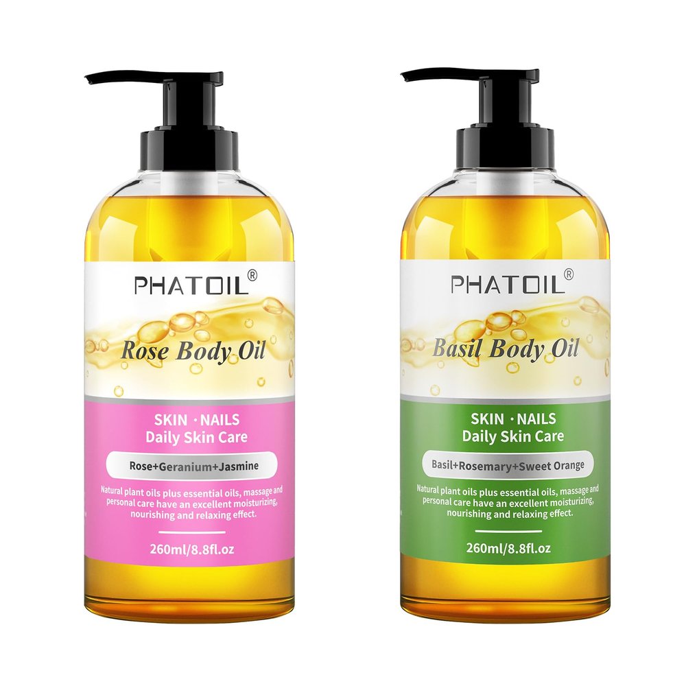 PHATOIL 260 ml (8.8 fl.oz) Rose Body Oil and Basil Body Oil