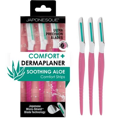 JAPONESQUE Dermaplaner with Soothing Aloe Comfort Strip - Skin Tool with Ultra Precision Blade for Facial Hair Removal and Exfoliation, 3pk.