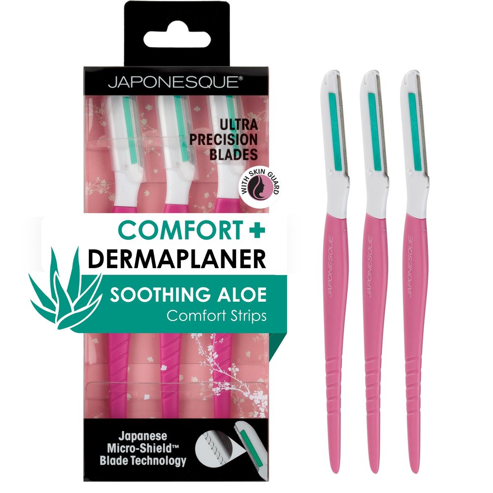 JAPONESQUE Dermaplaner with Soothing Aloe Comfort Strip - Skin Tool with Ultra Precision Blade for Facial Hair Removal and Exfoliation, 3pk.