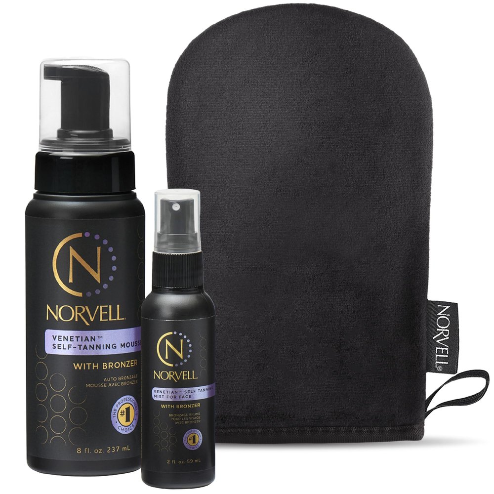 Norvell Venetian Self Tanner Mousse, 8 Fl Oz, Self Tanning Mist for Face 2 fl oz, and Streak-Free Tan Applicator Mitt