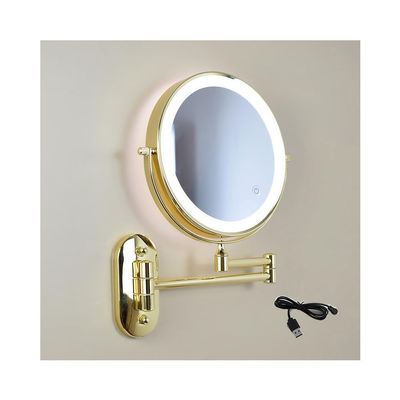 8 Inch Rechargeable Wall-Mounted Lighted Makeup Vanity Mirror Dual-Sided 1X/5X Magnified Bathroom Mirror, 3-Color Lighting, Touch Screen Dimming, 360 Rotating Retractable (Size:10X,Color:Gold)
