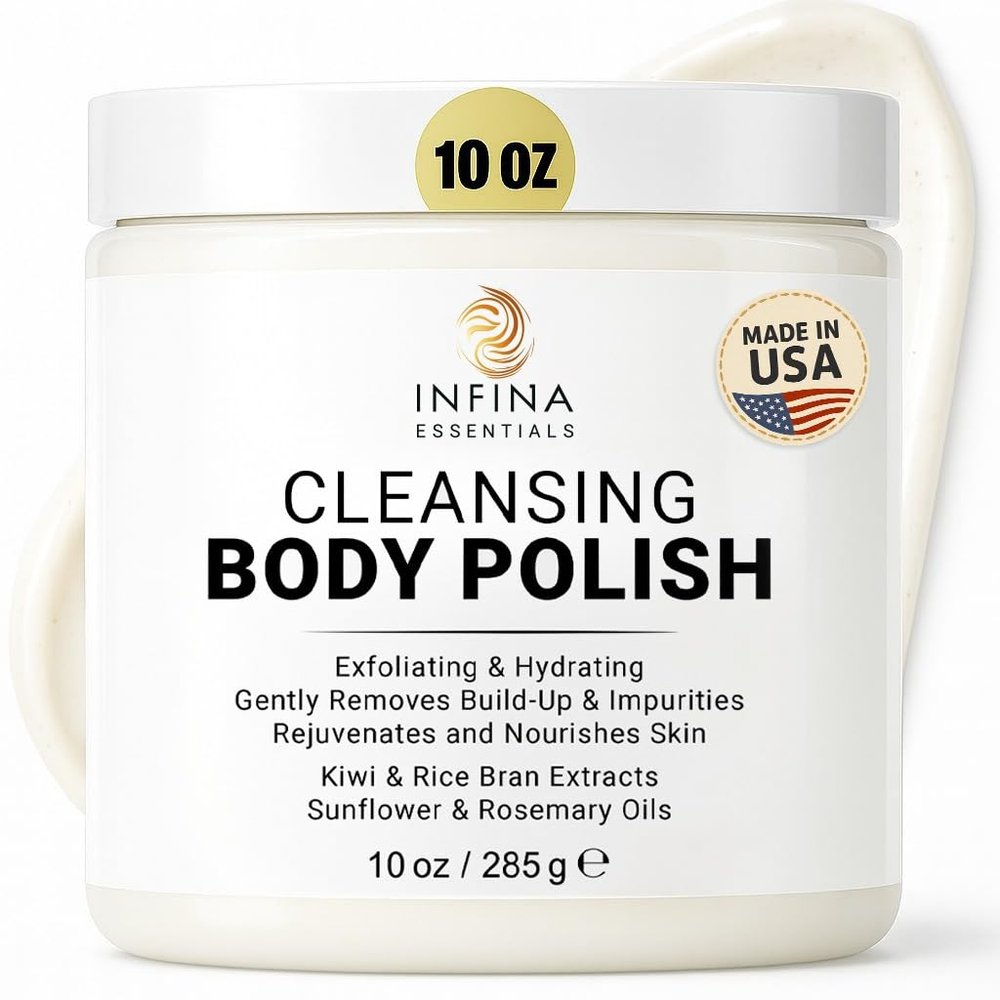 Exfoliating Body Scrub Polish 10 oz - Moisturizing & Hydrating Body Exfoliator with Kiwi & Rice Bran Extract  Gentle Cleansing Polish Scrub for Smooth & Nourished Skin by INFINA ESSENTIALS