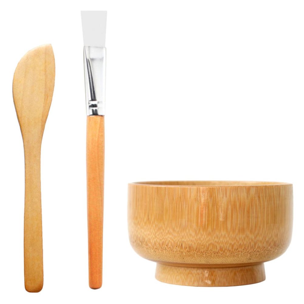 OHPHCALL 1Set Natural Wood Mask Mixing Bowl with Applicator Brush and Scraper Portable DIY Mask Accessories for Home Salon Use Skin-friendly Beauty Tools