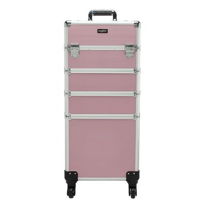 OmySalon Aluminum 4 in 1 Rolling Makeup Train Case, Travel Organizer Cosmetic Case, Cosmetology Display Suitcase Beauty Storage Luggage Lockable w/4 Removable Wheels (Pink)