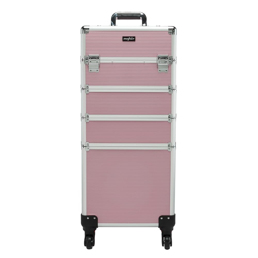 OmySalon Aluminum 4 in 1 Rolling Makeup Train Case, Travel Organizer Cosmetic Case, Cosmetology Display Suitcase Beauty Storage Luggage Lockable w/4 Removable Wheels (Pink)
