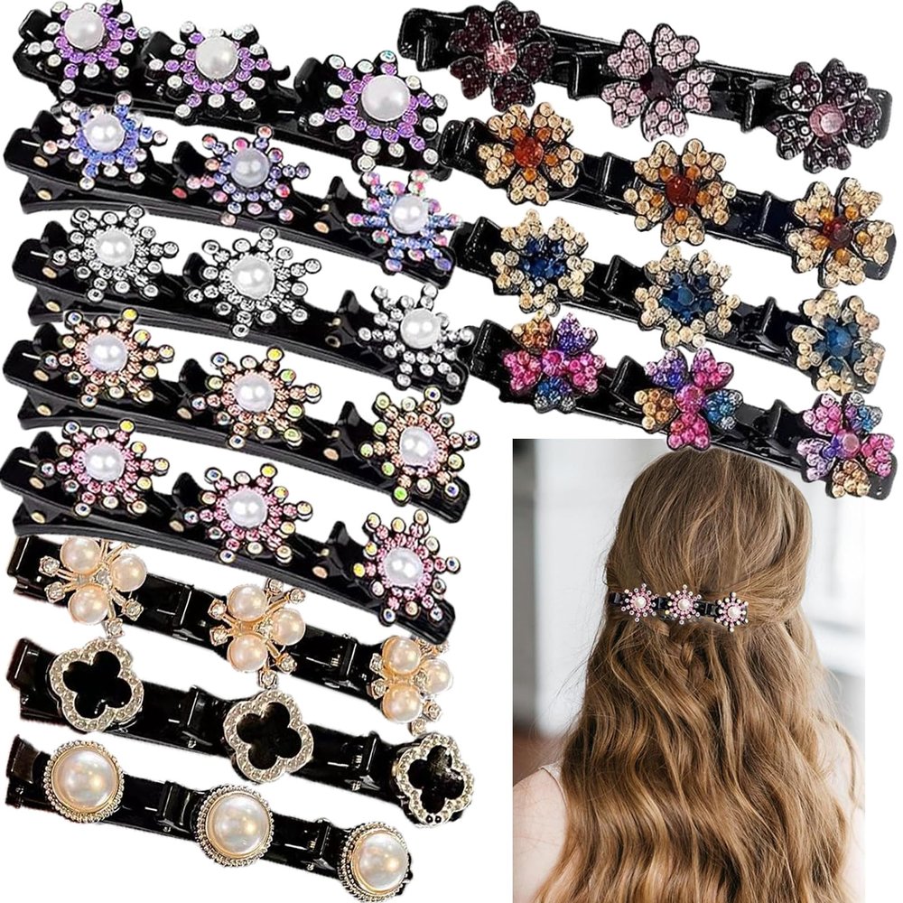 12pcs Sparkling Crystal Stone Braided Hair Clips,Braided Duckbill Clips with 3 Small Clips Double Layer Braided Hair Clips Bang Hairpin Rhinestone Hair Barrette Accessories for Women/Girls