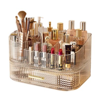 360 Rotating Stackable Clear Storage Drawers Vanity Organizer, Portable Makeup Storage Box for Countertop, Bathroom Bedroom Desk Cosmetic Display Cases, Ideal Gifts for Women (Clear white + 1 drawer)