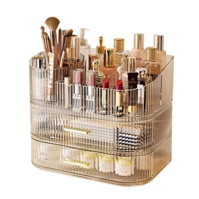 360 Rotating Stackable Clear Storage Drawers Vanity Organizer, Portable Makeup Storage Box for Countertop, Bathroom Bedroom Desk Cosmetic Display Cases, Ideal Gifts for Women (Clear white + 2 drawers)