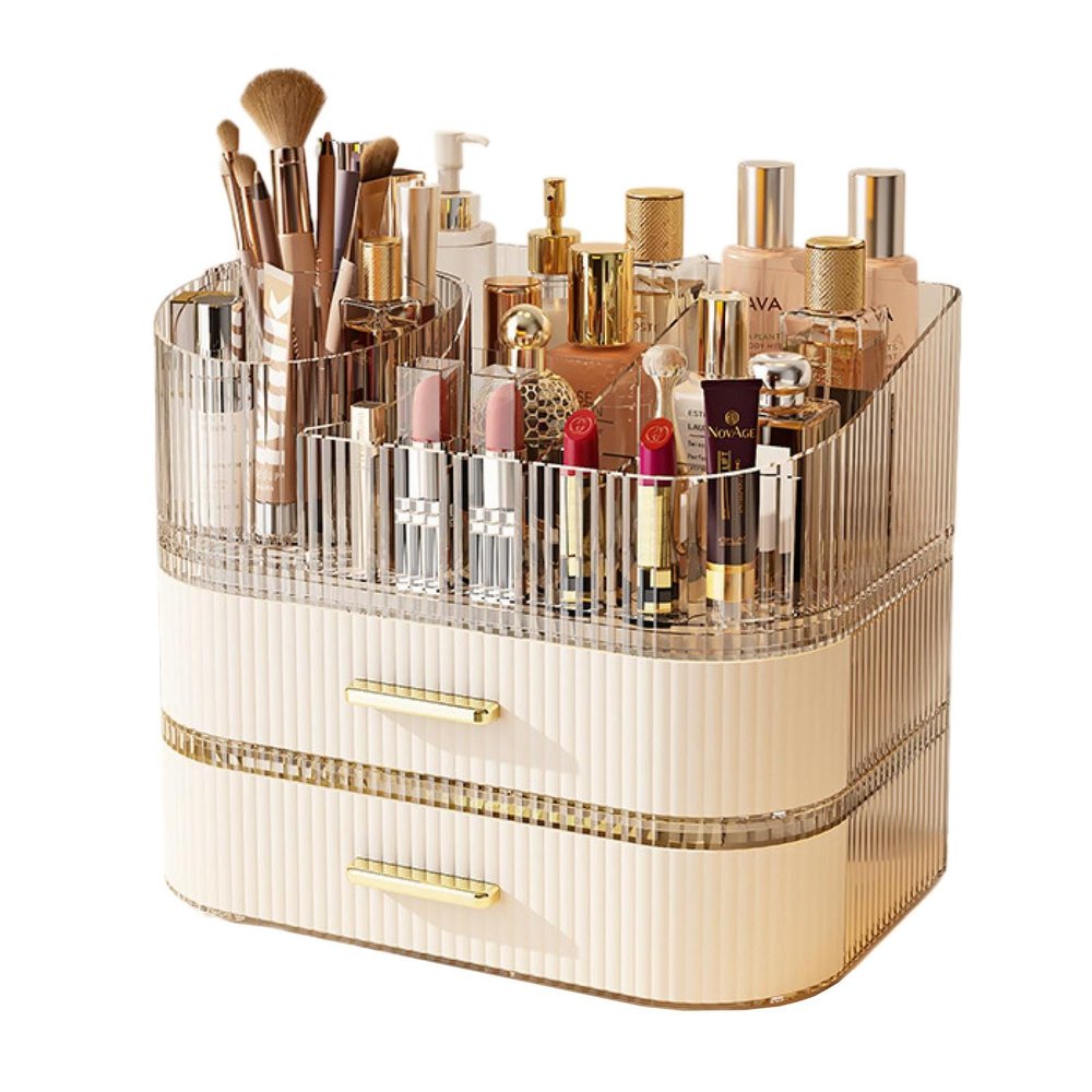 360 Rotating Stackable Clear Storage Drawers Vanity Organizer, Portable Makeup Storage Box for Countertop, Bathroom Bedroom Desk Cosmetic Display Cases, Ideal Gifts for Women (Cream white + 2 drawers)