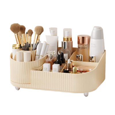 360 Rotating Stackable Clear Storage Drawers Vanity Organizer, Portable Makeup Storage Box for Countertop, Bathroom Bedroom Desk Cosmetic Display Cases (Creamy white open storage box)