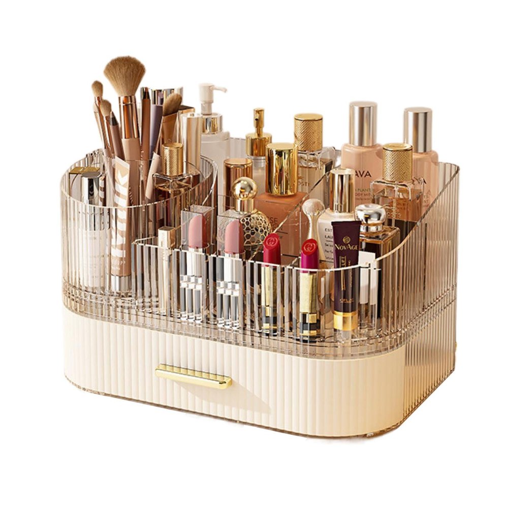 360 Rotating Stackable Clear Storage Drawers Vanity Organizer, Portable Makeup Storage Box for Countertop, Bathroom Bedroom Desk Cosmetic Display Cases, Ideal Gifts for Women (Cream white + 1 drawer)