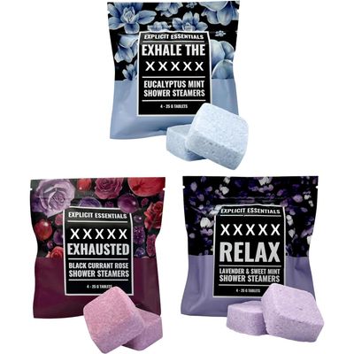 Explicit Essentials Shower Steamers Gift Set | 12 Aromatherapy Shower Steamers (3 Scent Trio) | Black Currant Rose, Lavender Mint & Eucalyptus Mint | Relaxation & Stress Relief Spa Gift for Christmas