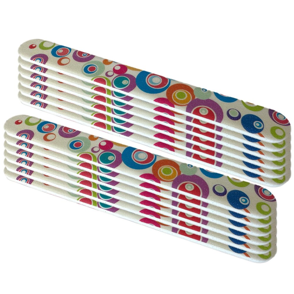 ALAZCO Set of 12 Dual-Sided Nail File Emery Board Heavy Medium Grit Cushioned Washable Easy Grip Comfortable Filing Smoothing Finishing Nails 6.5 Travel TSA Approved (Retro Circles)