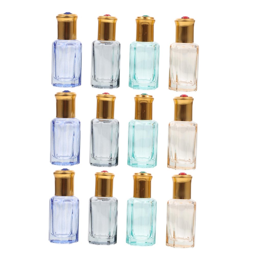 12pcs Glass Roller Bottles Gemstone Caps Essential Oil and Perfume Containers Leak Small Cosmetic Vials for Travel and Organization Random Color