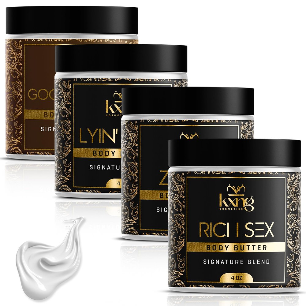 KXNG Cosmetics Luxury Shea Body Butter (Pack of 4) | Ultra-Nourishing Body Cream for Men & Women with Shea, Cocoa, Mango & Coconut Oil | Deep Moisture for All Skin Types | 4oz Each