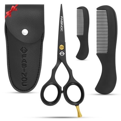 FABINOC Beard and Mustache Scissors for Men 5" with 2 Combs & Pouch German Quality Stainless Steel Hand-Forged Grooming Scissors for Facial Hair Trimming (Black)