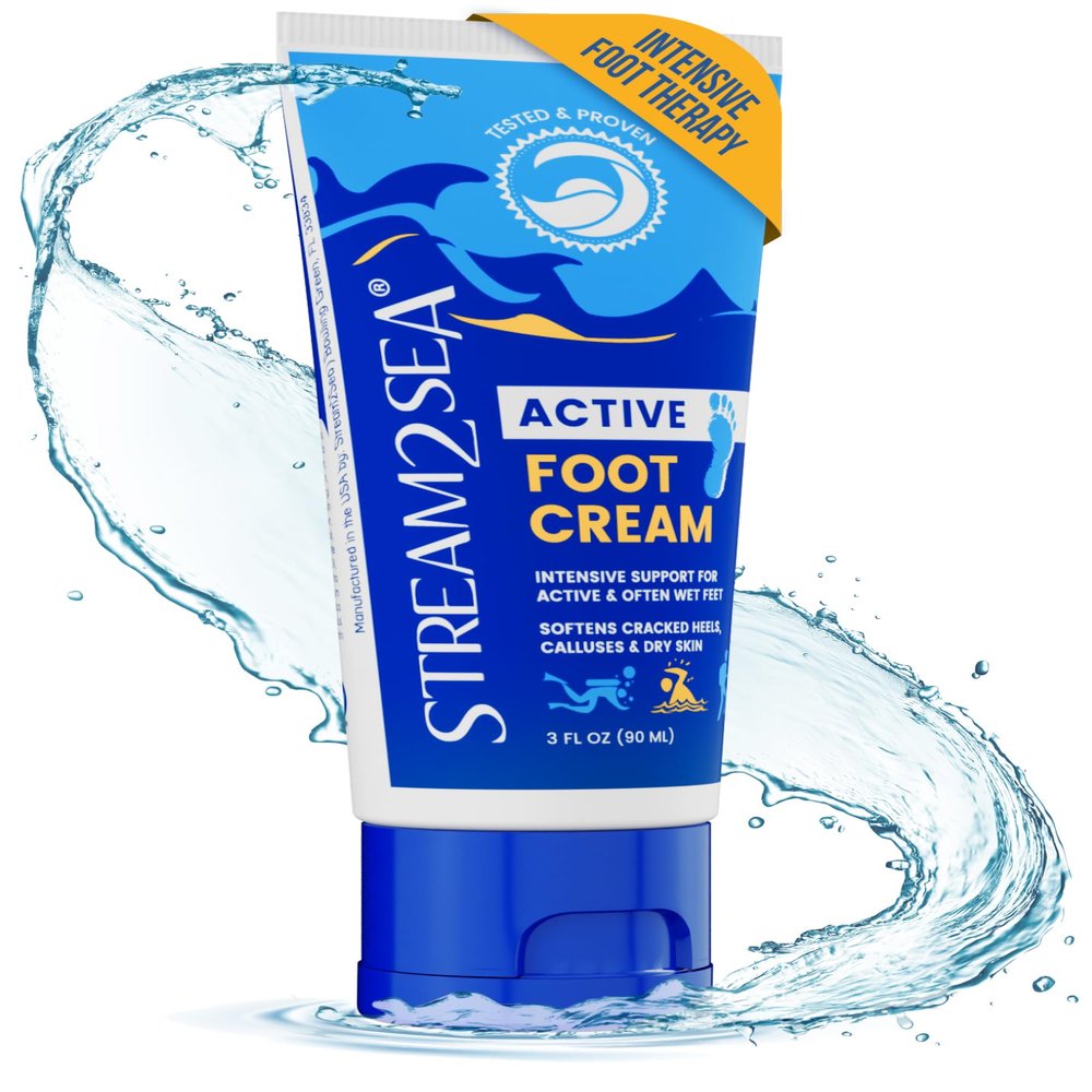 STREAM 2 SEA Active Foot Cream, Intensive Support for Active & Often Wet Feet - Softens Cracked Heels, Calluses & Dry Skin, Enriched with Neem and Tea Tree, Fast-absorbing and Non-greasy - 3 Fl oz