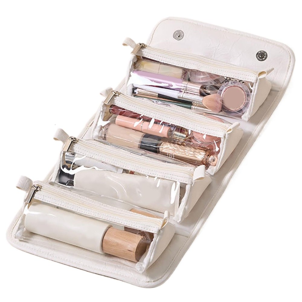 4 in 1 Detachable Cosmetic Bag, Leather Waterproof Cosmetic Bag, Large Capacity Roll up Makeup Bag, Travel Toiletry Bag with 4 Detachable Clear Compartment