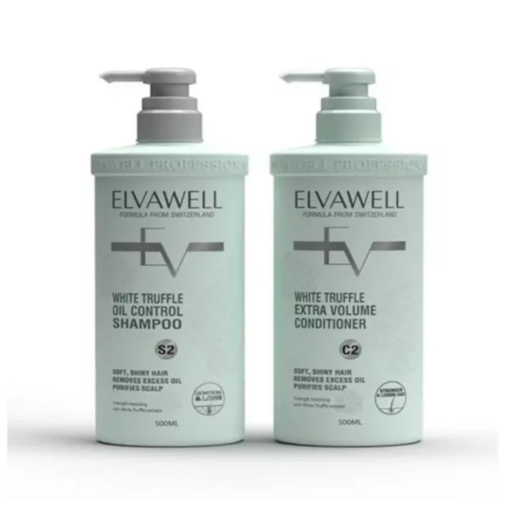 Elvawell White Truffle Oil Control Shampoo, Extra Volume Conditioner, 500mL each, Soft, Shiny Hair