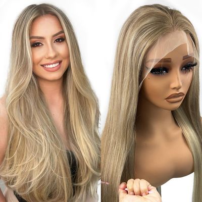 13x6 Ash Blonde Highlight Lace Front Wig Human Hair 20 Inch Straight Ash Brown to Blonde Balayage Wig Human Hair 180% Density Glueless Ombre Brown to Platinum Highlights HD Lace Wigs for Women