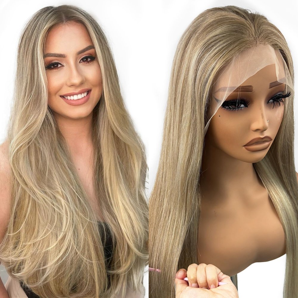 13x6 Ash Blonde Highlight Lace Front Wig Human Hair 20 Inch Straight Ash Brown to Blonde Balayage Wig Human Hair 180% Density Glueless Ombre Brown to Platinum Highlights HD Lace Wigs for Women