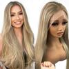 13x6 Ash Blonde Highlight Lace Front Wig Human Hair 20 Inch Straight Ash Brown to Blonde Balayage Wig Human Hair 180% Density Glueless Ombre Brown to Platinum Highlights HD Lace Wigs for Women view 1
