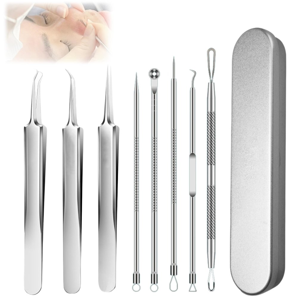 xwxwseui Usiveinborn Blackhead Remover Upgraded, Usiveinborn Blackhead Tweezers, Professional Upgraded Facial Blackhead Remover Tweezers, Blackhead Remover Tools Sets (A1-Silver-8pcs)