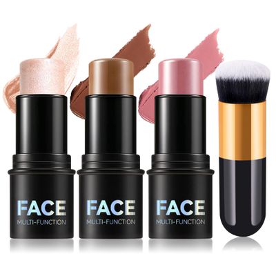 3PCS Cream Contour Stick Kit,Matte Waterproof Blush Highlighter Bronzer Contour Stick with Brush,Non-greasy Creamy Travel Size Contouring Stick Makeup Set for Face,Suitable for All Skin Types