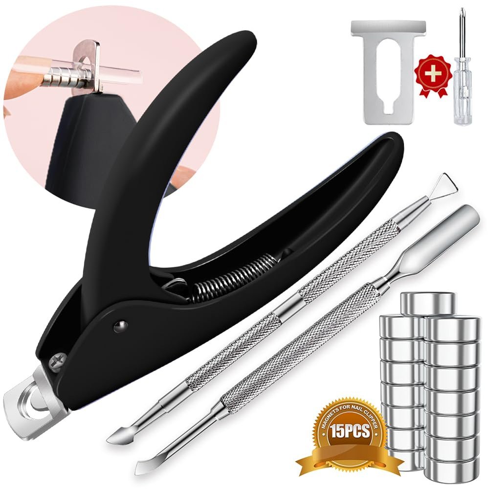 Acylic Nail Clippers and Cuticle Pusher, Black Adjustable Nail Clippers with Magnets Sizers for Acrylic Nails and 2PCS Silver Metal Cuticle Pusher