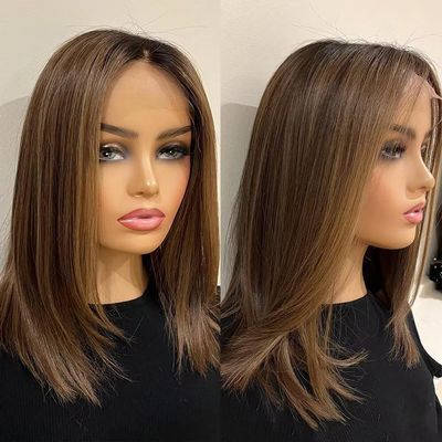 oulaer Chocolate Brown Highlights Caramel Dark Brown Roots Short Bob Straight Lace Front Wig Human Hair Pre Plucked 13x4 HD Lace Front Wig Natural Hairline Brazilian Remy Hair 150% Density 14Inch