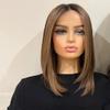 oulaer Chocolate Brown Highlights Caramel Dark Brown Roots Short Bob Straight Lace Front Wig Human Hair Pre Plucked 13x4 HD Lace Front Wig Natural Hairline Brazilian Remy Hair 150% Density 14Inch view 2