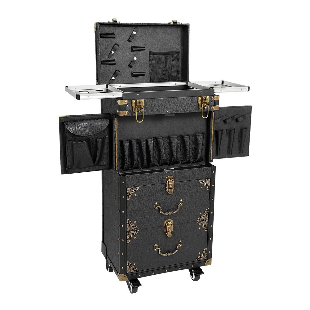 AOIDFOA Rolling Train Makeup Box With Lock 4 Layer Work Cart, Hair Cart Cosmetics Cart Salon Cart With Hair Dryer Holder (Black)