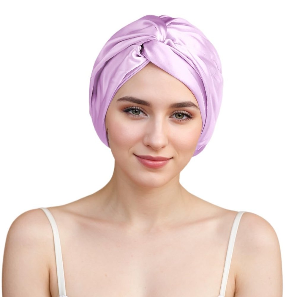 100% Mulberry Silk Bonnet for Women Hair Care, Grade 6A Silk Sleeping Cap - Stay On All Night Hair Wrap for Sleeping (Purple/08, One Size-Medium)