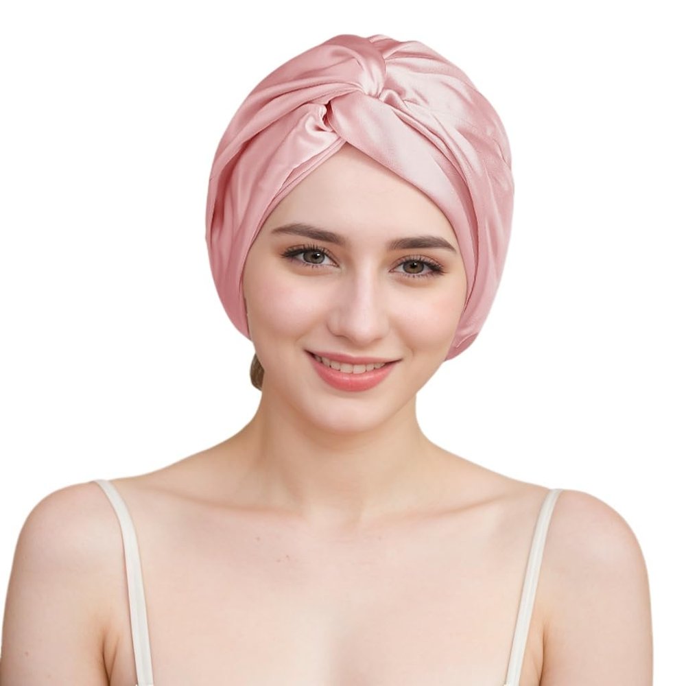100% Mulberry Silk Bonnet for Women Hair Care, Grade 6A Silk Sleeping Cap - Stay On All Night Hair Wrap for Sleeping gorro de seda para dormir anti frizz (Rubber Powder/10, One Size-Medium)