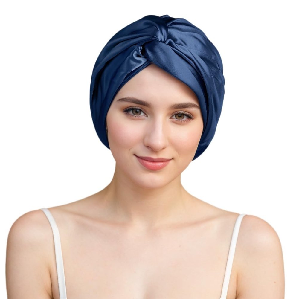 100% Mulberry Silk Bonnet for Women Hair Care, Grade 6A Silk Sleeping Cap - Stay On All Night Hair Wrap for Sleeping (Navy Blue/04, One Size-Medium)