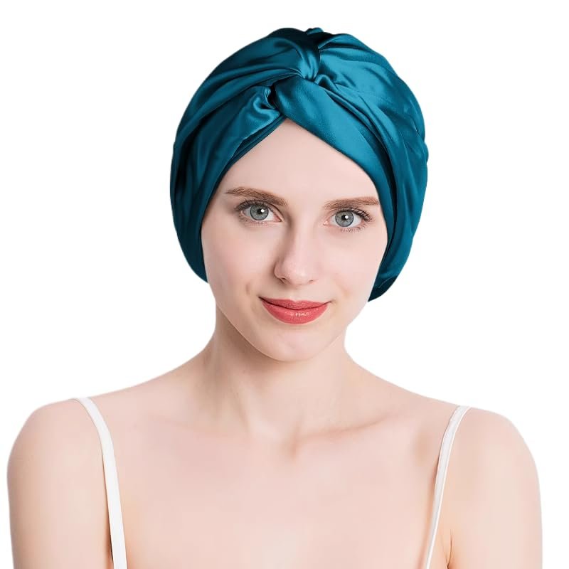 100% Mulberry Silk Bonnet for Women Hair Care, Grade 6A Silk Sleeping Cap - Stay On All Night Hair Wrap for Sleeping (Peacock Blue, One Size-Medium)