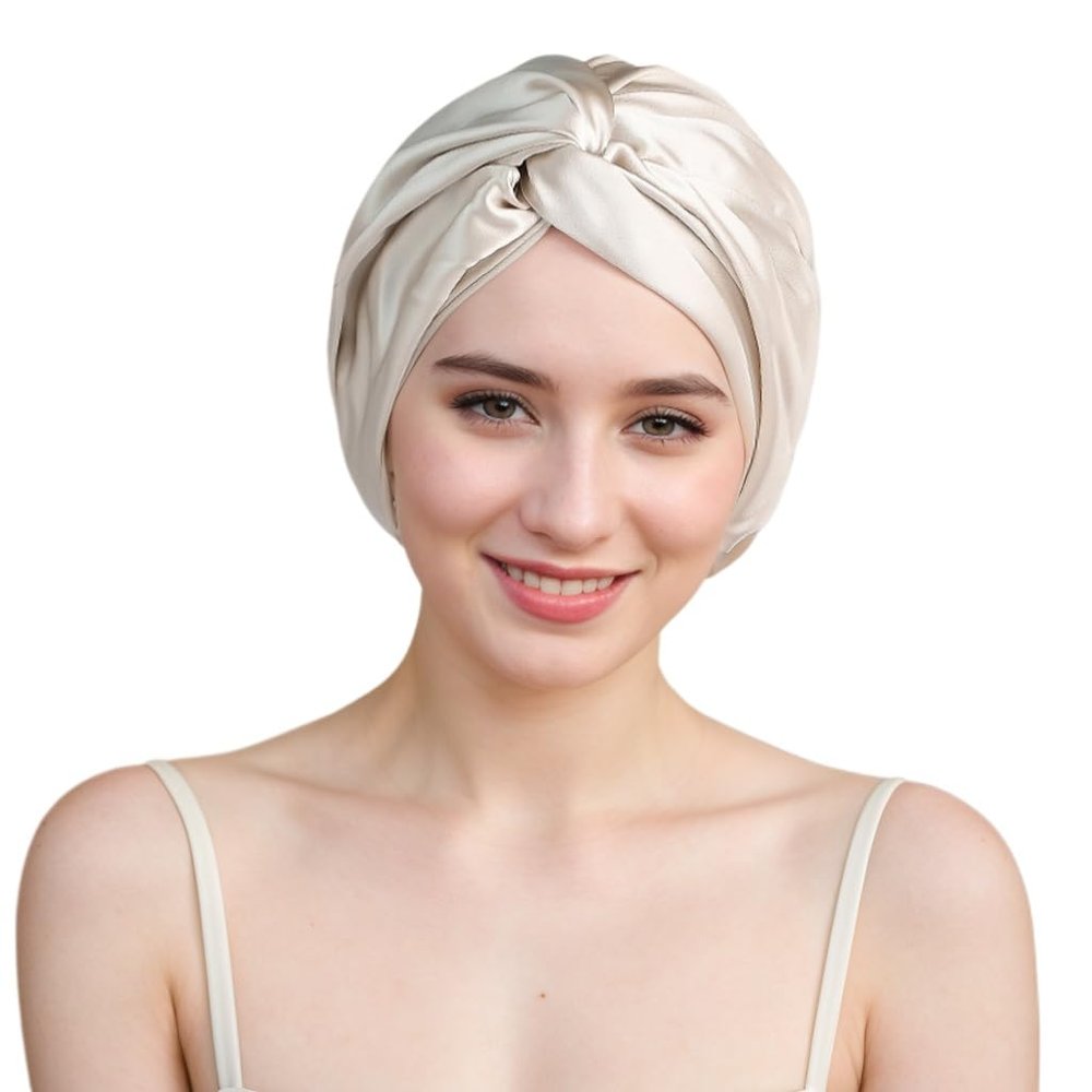 100% Mulberry Silk Bonnet for Women Hair Care, Grade 6A Silk Sleeping Cap - Stay On All Night Hair Wrap for Sleeping (Khaki/ 01, One Size-Medium)