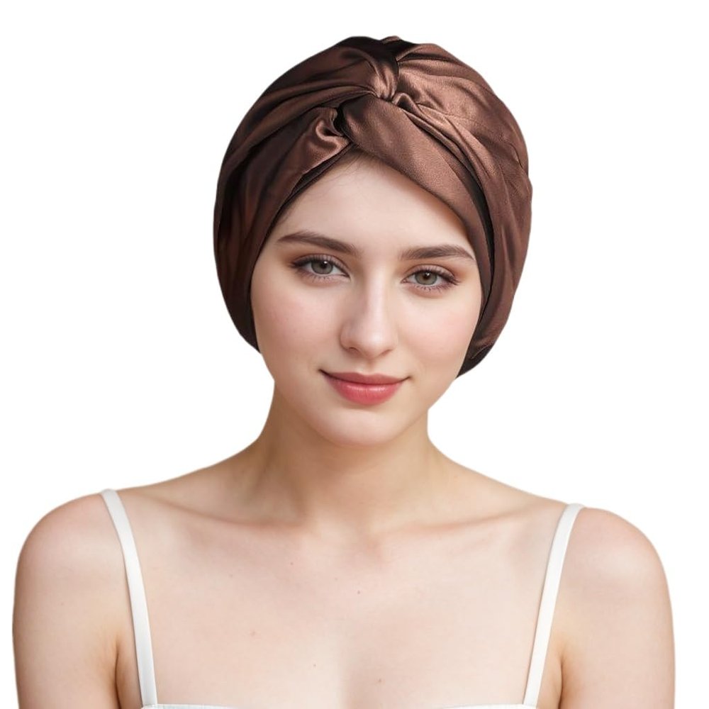 100% Mulberry Silk Bonnet for Women Hair Care, Grade 6A Silk Sleeping Cap - Stay On All Night Hair Wrap for Sleeping (Coffee/05, One Size-Medium)