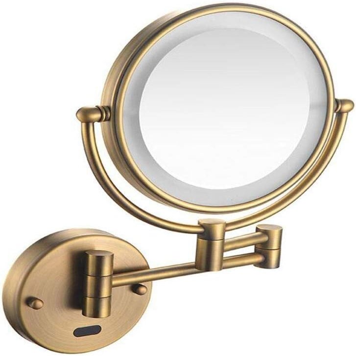 8inch LED Lighted Wall Mounted Bathroom Mirrors,Double-Sided Folding Beauty Mirror 360 Swivel Extendable Makeup Mirror Round Shape, USB Recharge (Antique Copper 5X)