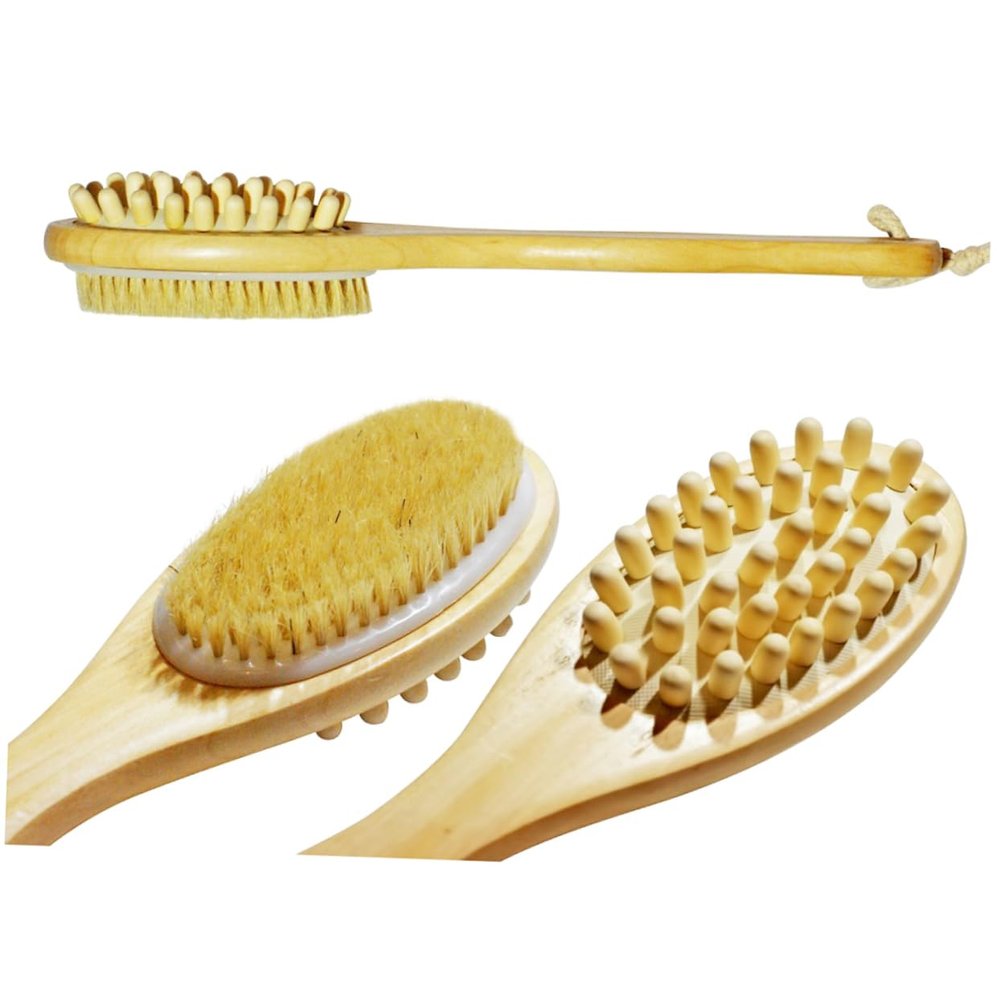 ASAKKURA Wooden Double-Sided Body Massage Brush Long Handle for Exfoliating and Stimulating Circulation Natural Bristle Bath Tool for Soft Glowing Skin