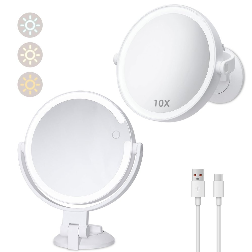 1X 10X Magnifying Shower Mirror with Lights, Rechargeable Lighted Manification Shaving Mirror No Drilling Locking Suction Mount, Double Sided 360 Bathroom Mirror for Men, Tabletop Makeup Mirror