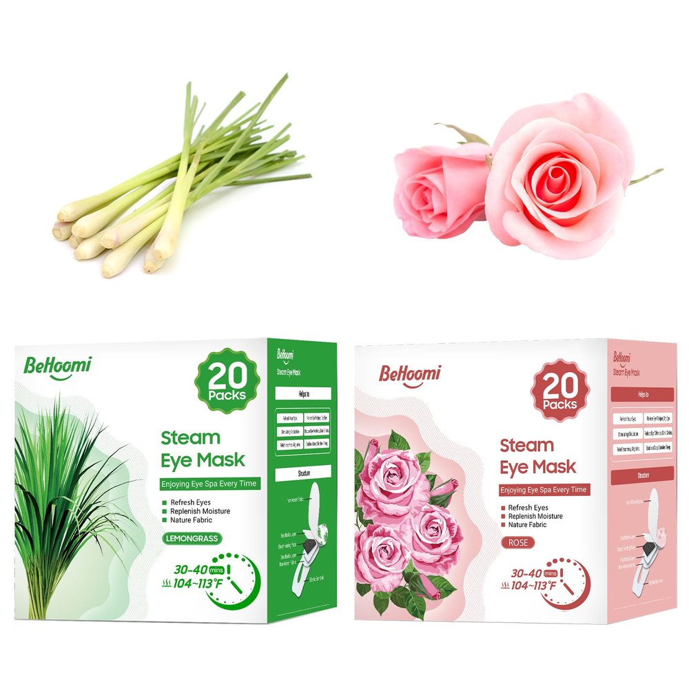 BeHoomi Steam Eye Mask, 40 Packs Heated Eye Mask Warm Compress for Eyes, Self Heating Disposable Eye Masks, Stocking Stuffer (Lemongrass & Rose)