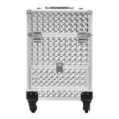 Aluminum Rolling Makeup Train Case, Large Storage Professional Cosmetic Trolley Makeup Travel Case with Drawer, Travel Cosmetic Organizer with Wheels for Nail Tech Hairstylist Barber, Silver