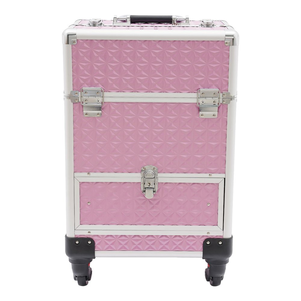 Bazargame Aluminum Rolling Makeup Train Case, Large Storage Professional Cosmetic Trolley Makeup Travel Case with Drawer, Travel Cosmetic Organizer with Wheels for Nail Tech Hairstylist Barber, Pink