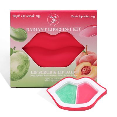 Cyn Care 2 in 1 Lip Care Kit with Apple Lip Scrub Exfoliator 28g and Peach Balm Moisturizer 20g Intense Hydration Set for Dry, Chapped, Cracked Lips (48g)