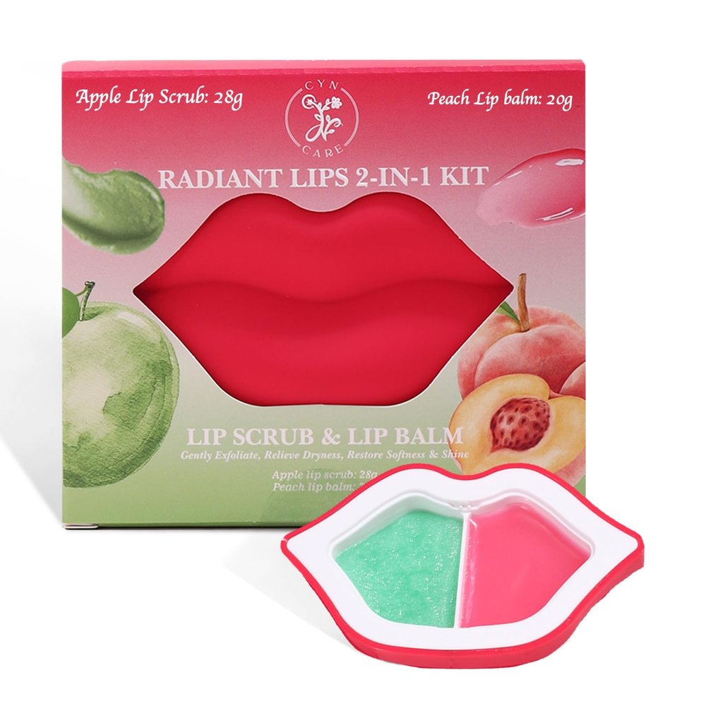 Cyn Care 2 in 1 Lip Care Kit with Apple Lip Scrub Exfoliator 28g and Peach Balm Moisturizer 20g  Intense Hydration Set for Dry, Chapped, Cracked Lips (48g)