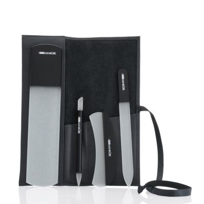 4pcs Manicure Set Genuine Czech Crystal Black Glass Nail File Moon File Manicure Stick Pedicure Foot Care Bar in Black Leather by GERmanikure