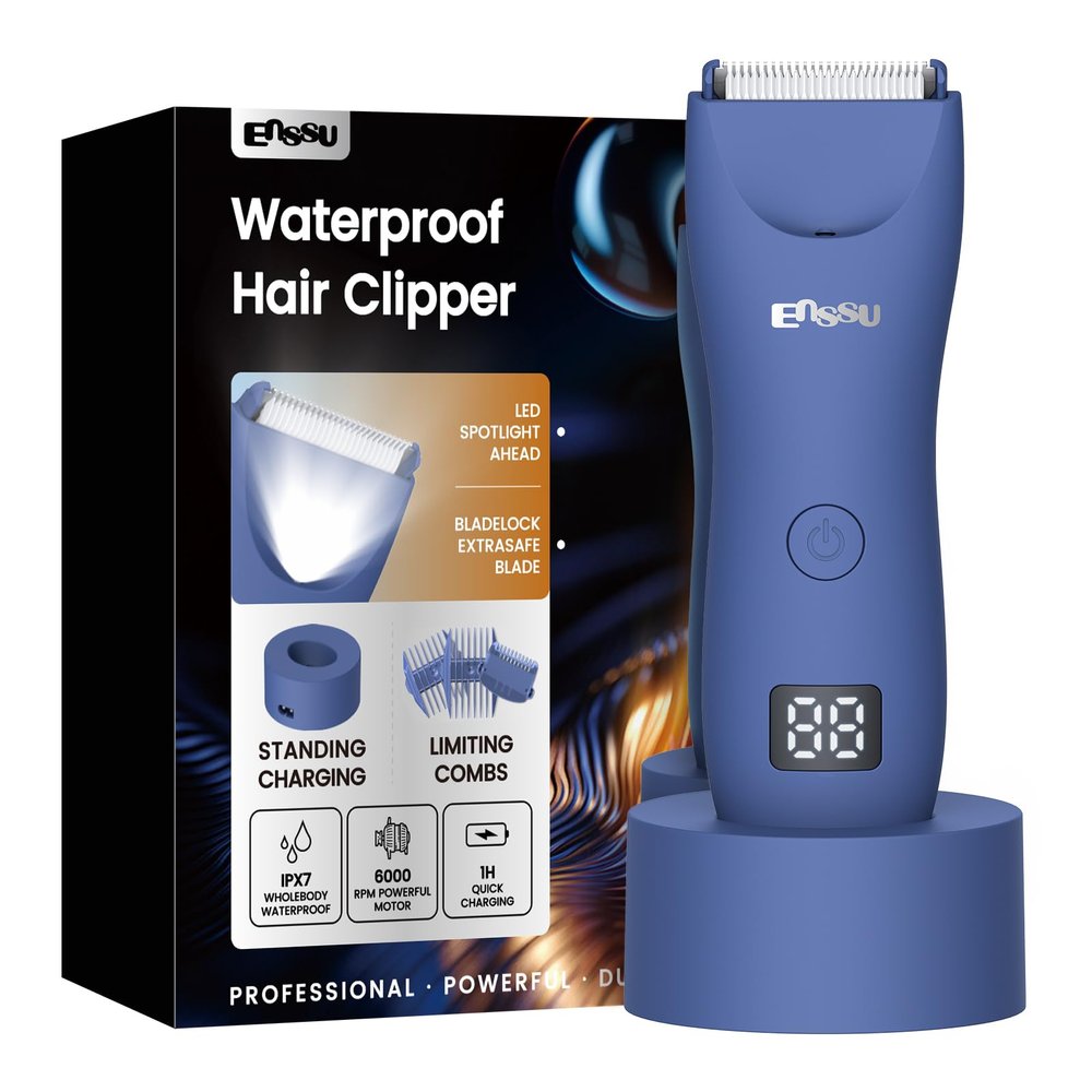 ENSSU Manscape Trimmer for Men, IPX7 Waterproof Body Hair Trimmer with Ceramic Blade & Spotlight, Rechargeable Electric Groin & Pubic Hair Trimmer, Wet or Dry Use Body Groomer for Legs/Chest