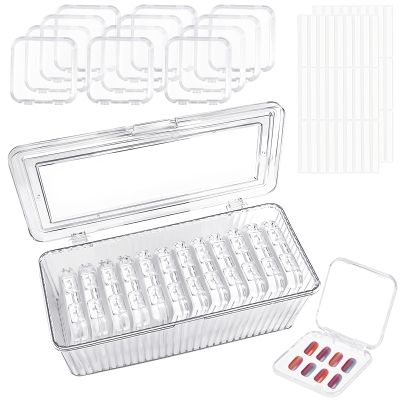 13 Pcs Press On Nail Storage Boxes with 54 Pcs Adhesive Double Sided Tape Acrylic Container Artificial False Nail Organizer Fake Nail Display Box (Clear 12pcs, 3.35)