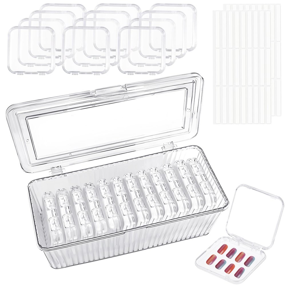 13 Pcs Press On Nail Storage Boxes with 54 Pcs Adhesive Double Sided Tape Acrylic Container Artificial False Nail Organizer Fake Nail Display Box (Clear 12pcs, 3.35)